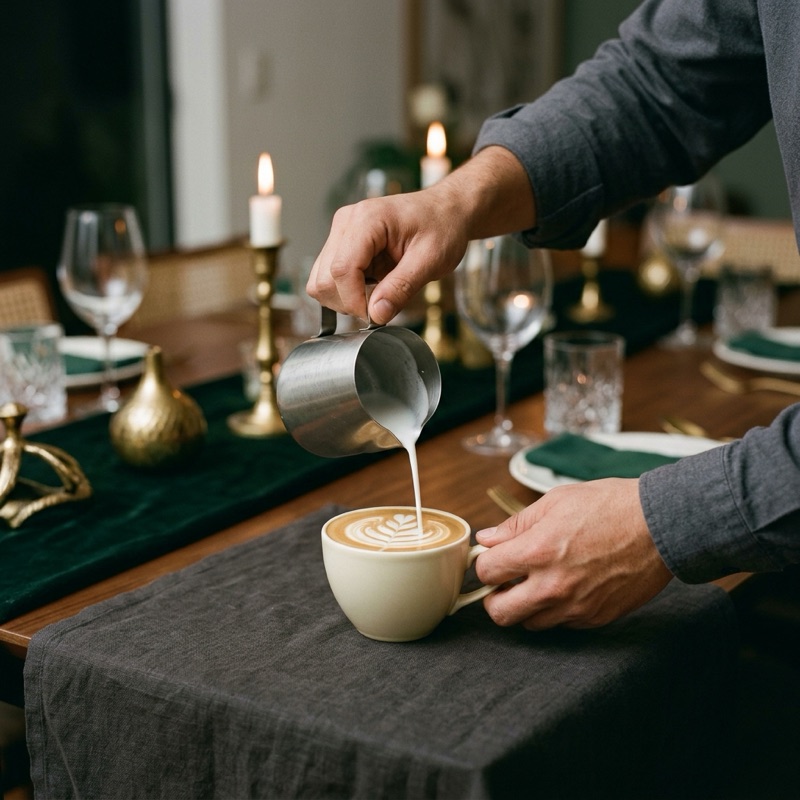 A barista pours steamed milk into a cup at a candlelit dinner table