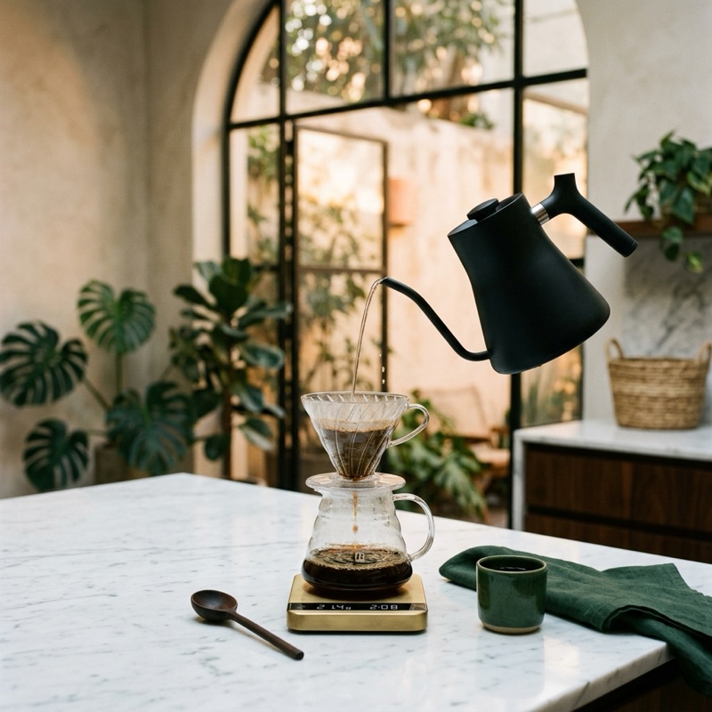 A pour-over coffee brewing on a marble kitchen island