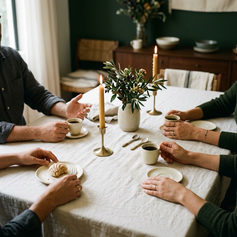 Guests sharing coffee and pastries around a linen-covered table