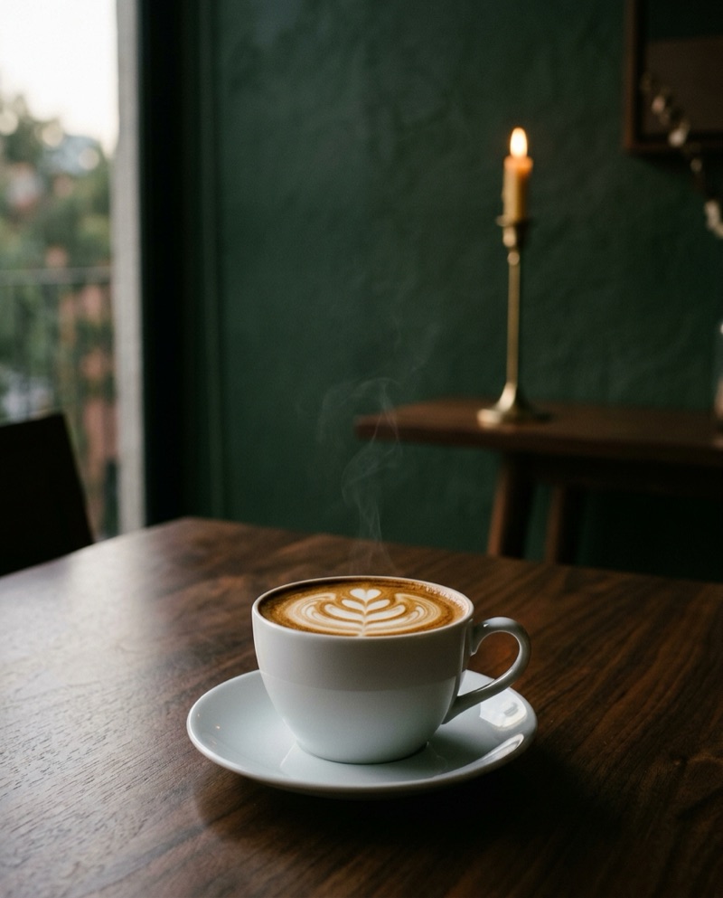 A cappuccino with latte art in a white porcelain cup, on a walnut table by candlelight